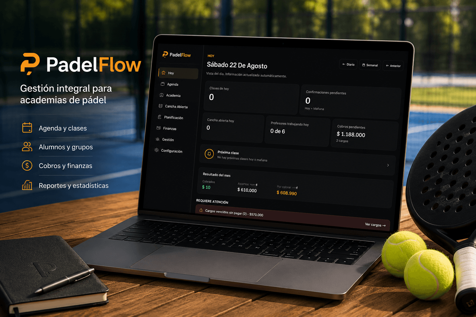 Gestión integral para academias y clubes de pádel. — captura de la vista "Hoy" en PadelFlow